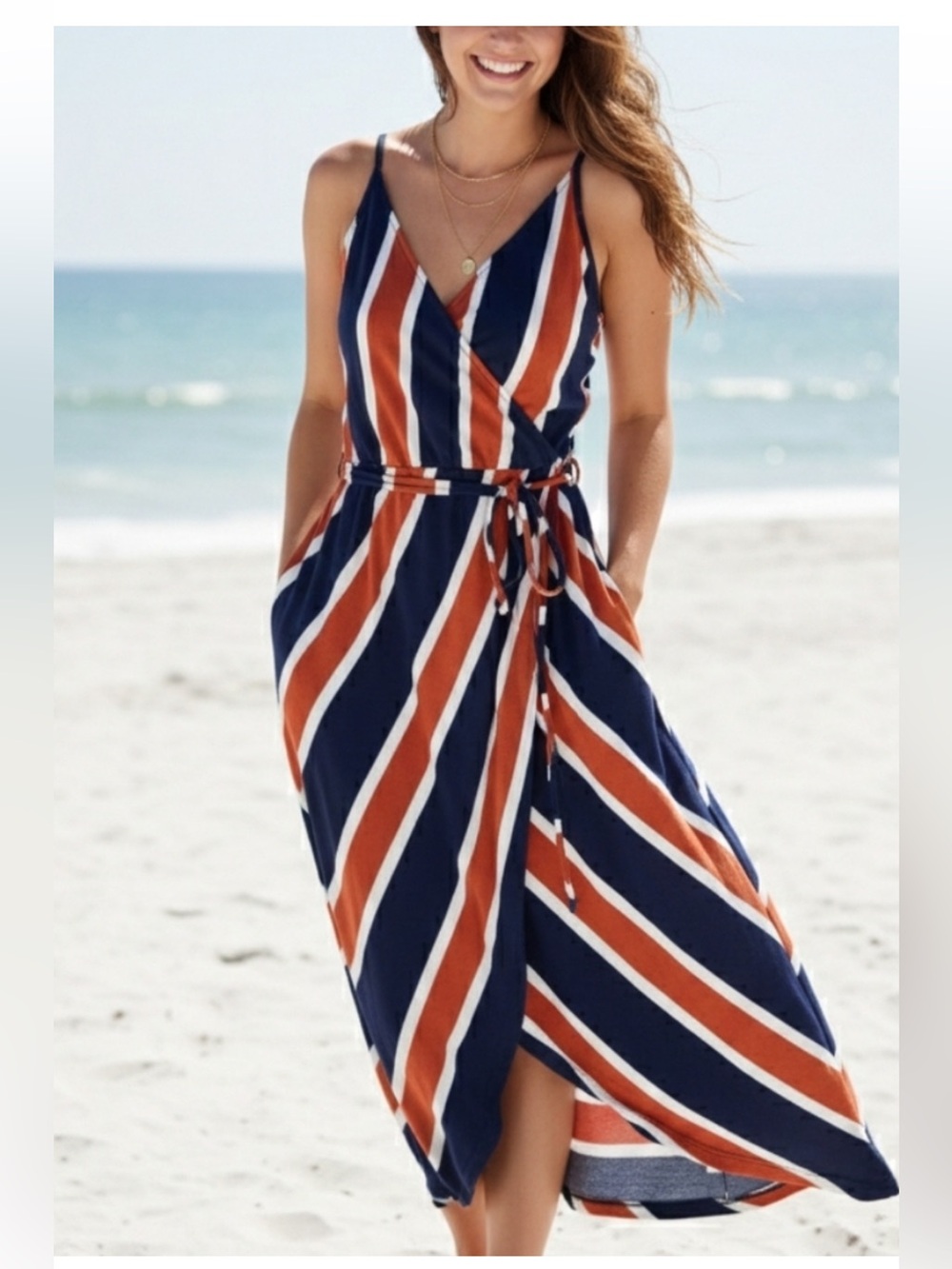 Market & Spruce Strapless Dress Navy, Orange, White-  Stripes thin straps & belt